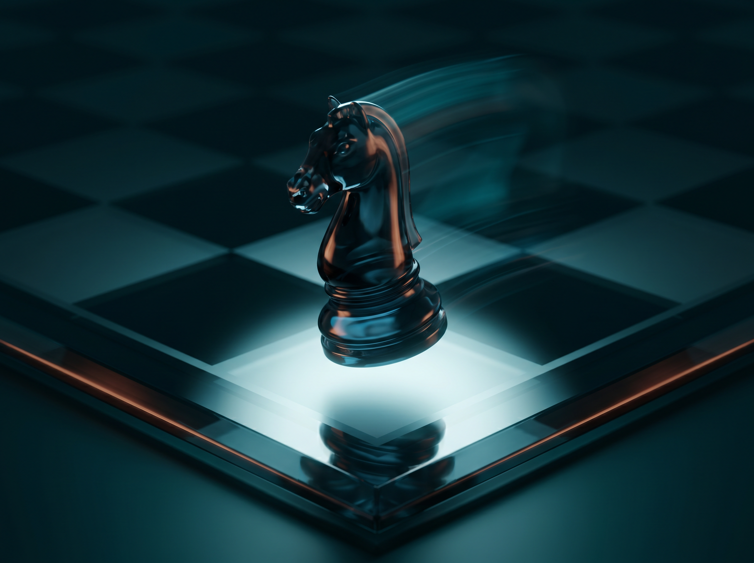 Chess knight lit on a reflective board