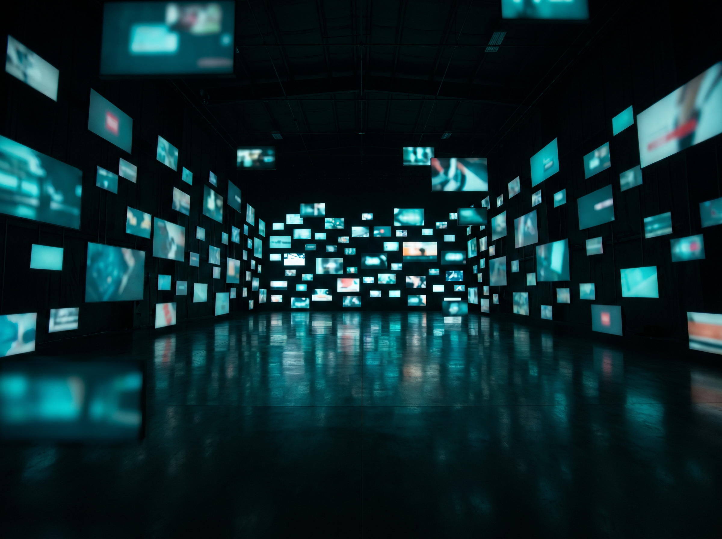 Corridor lined with illuminated data screens