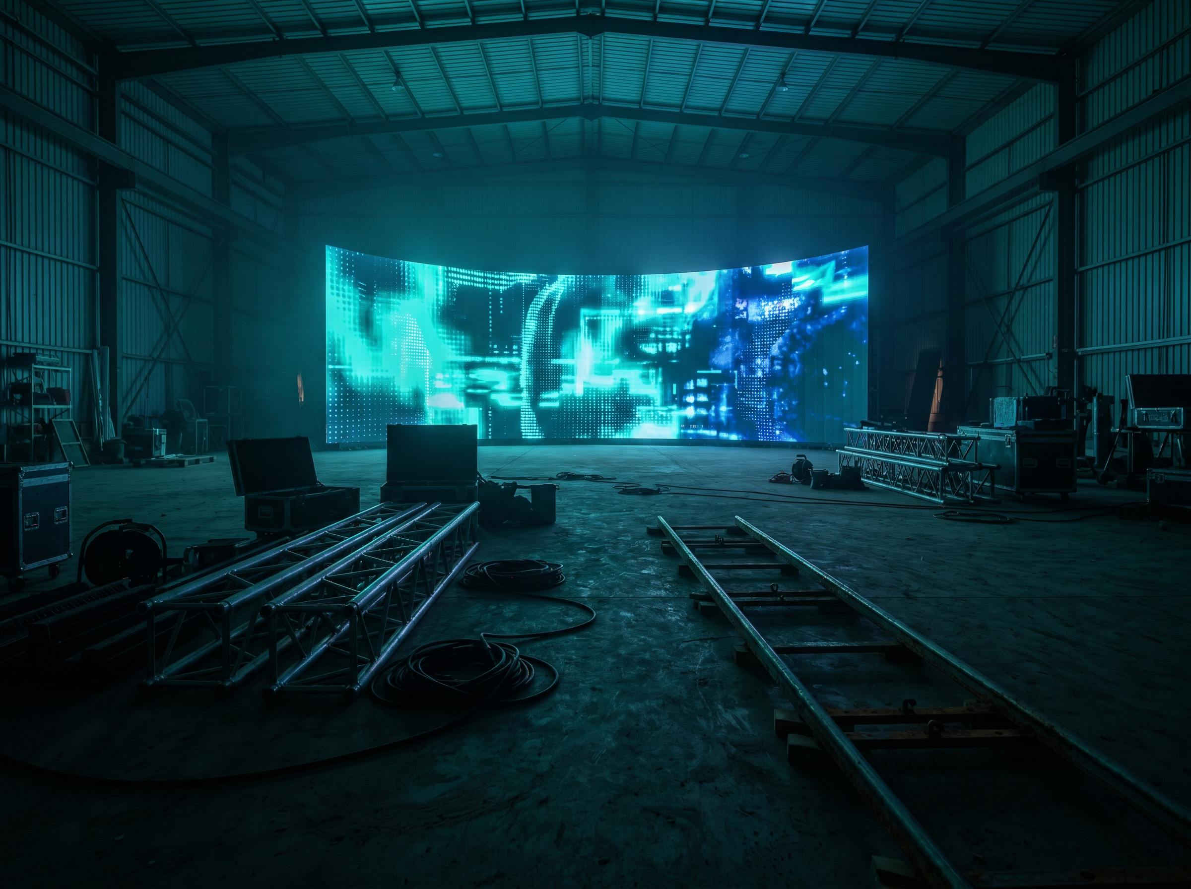 Industrial hall lit by a large teal display wall