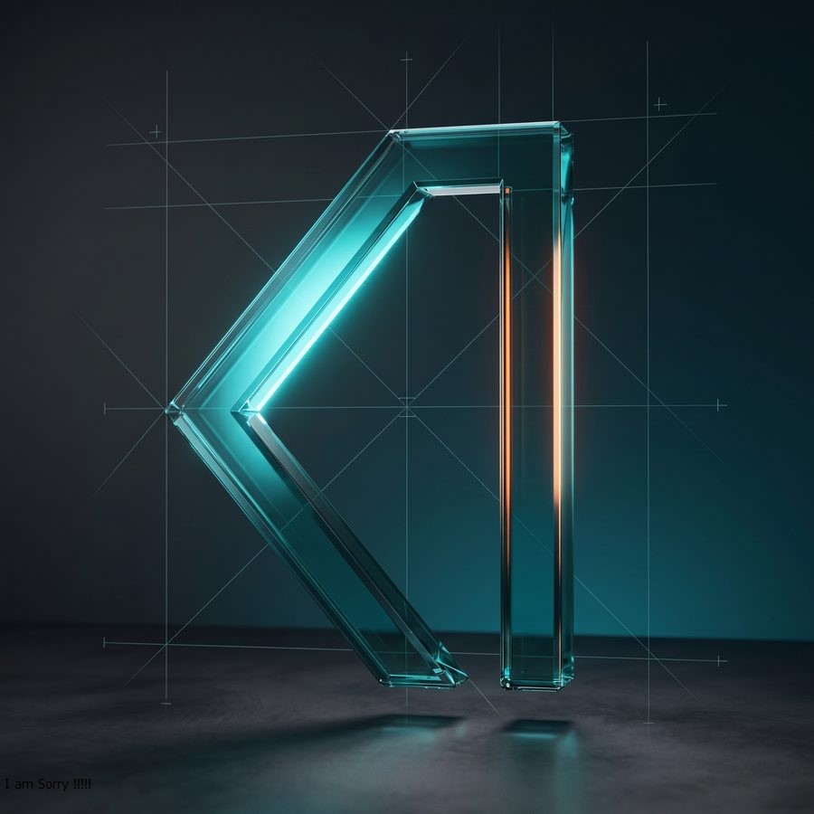Illuminated teal monogram sculpture in a dark studio