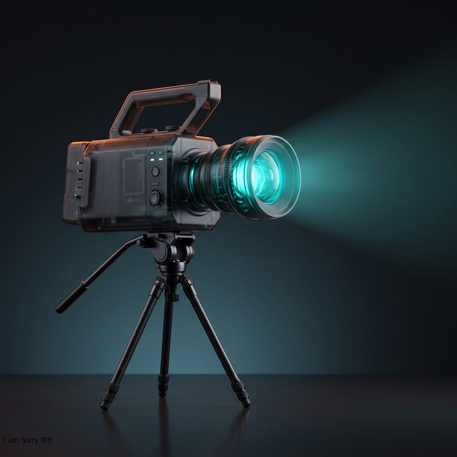 Cinema camera on a tripod with a lit teal lens