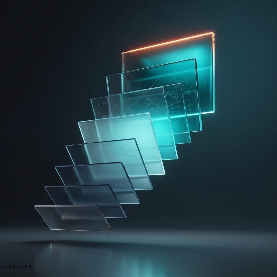 Stacked translucent document panels rising in sequence