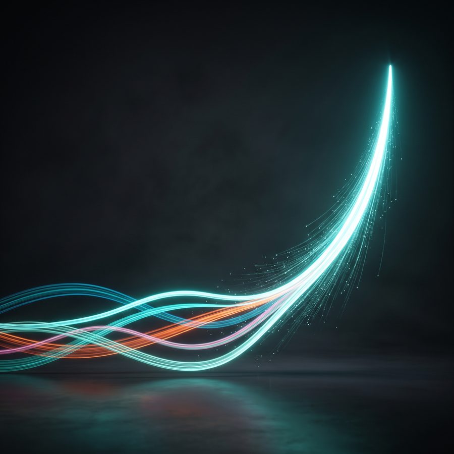 Ribbons of teal and amber light tracing a single curve