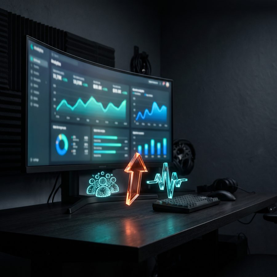 Desk monitor showing a live analytics dashboard