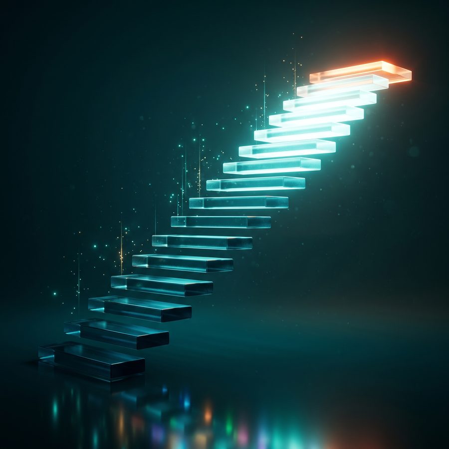 Illuminated staircase climbing into the dark