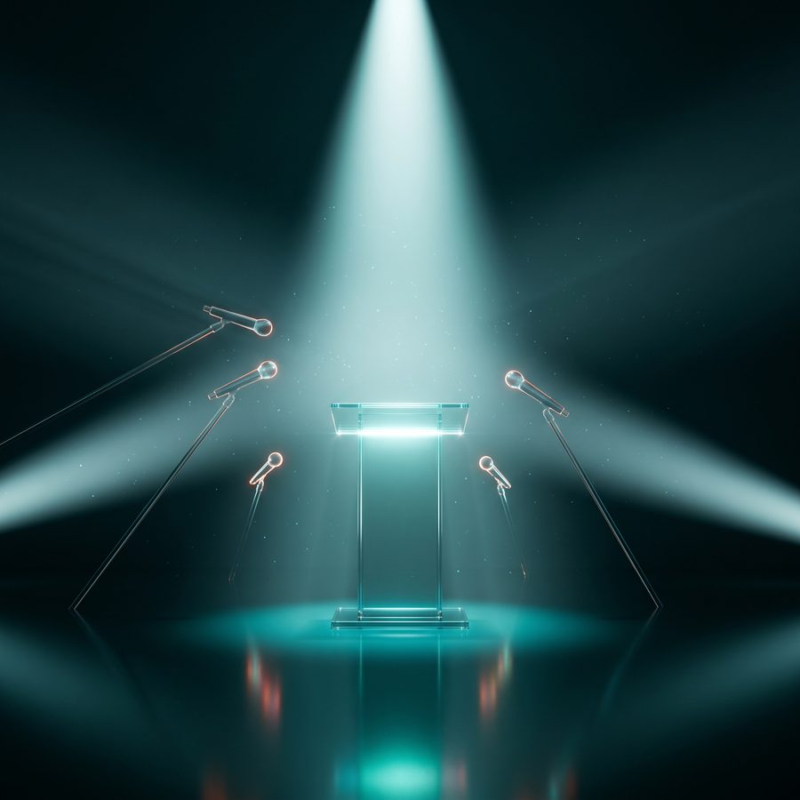 Stage lit by converging spotlights