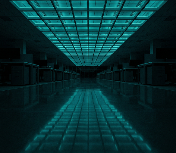 Data-centre hall with a lit teal ceiling grid, KHP AI & Intelligent Systems