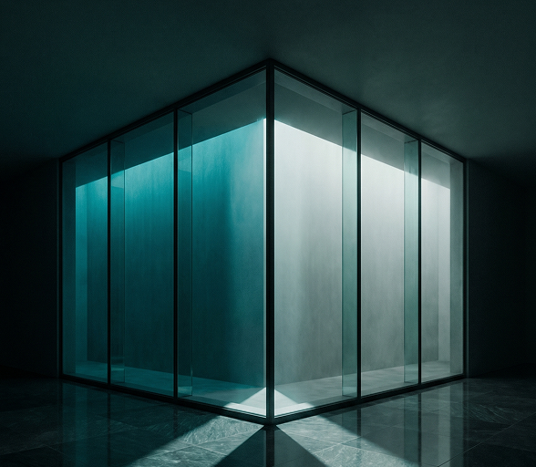 Illuminated glass architecture at night, KHP Brand Architecture & Creative