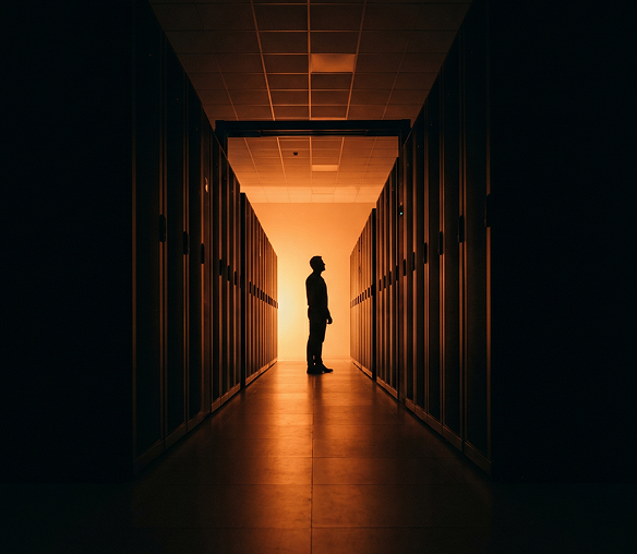 Figure in a server corridor lit by an orange glow, KHP Digital Products & Technology