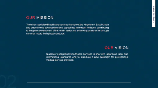 Al Waseet company profile spread: Our Mission and Our Vision for specialised healthcare across Saudi Arabia