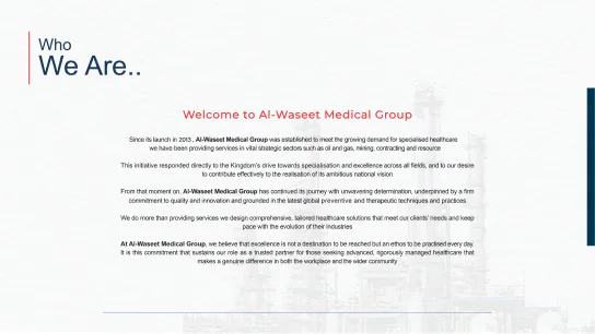 Al Waseet company profile spread: Who We Are, welcoming readers to Al-Waseet Medical Group