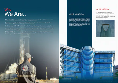 Al Waseet magazine pages: Who We Are, Our Mission and Our Vision beside the group's glass headquarters