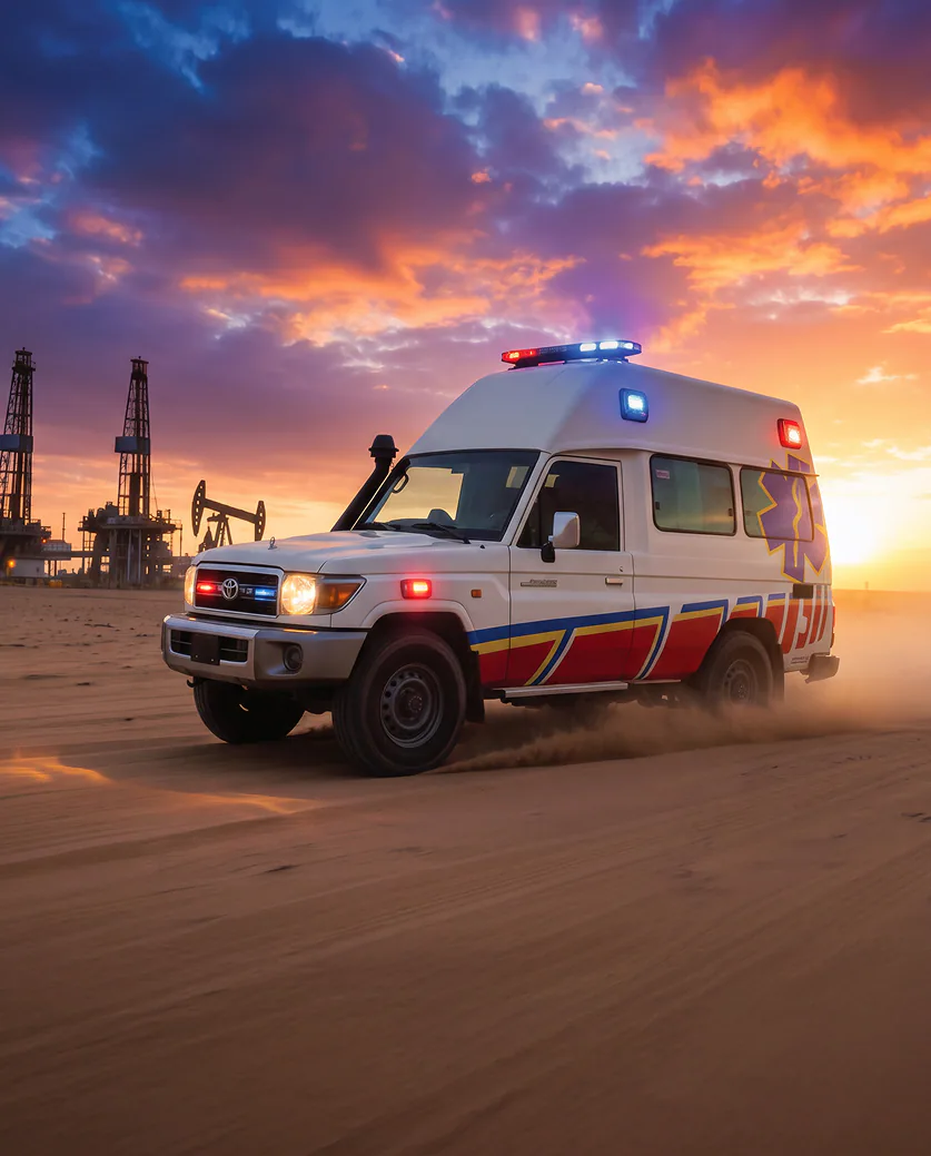 Al Waseet Medical Group: a medical response vehicle at an oilfield at sunset