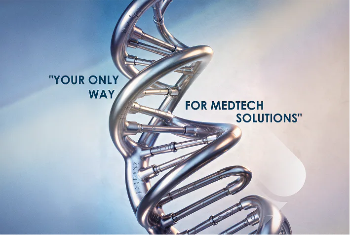 A Bayeux brand visual: the wordmark over a chrome DNA helix, Your only way for medtech solutions