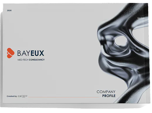 The Bayeux company profile cover: the mark over an abstract metallic form, Med-Tech Consultancy
