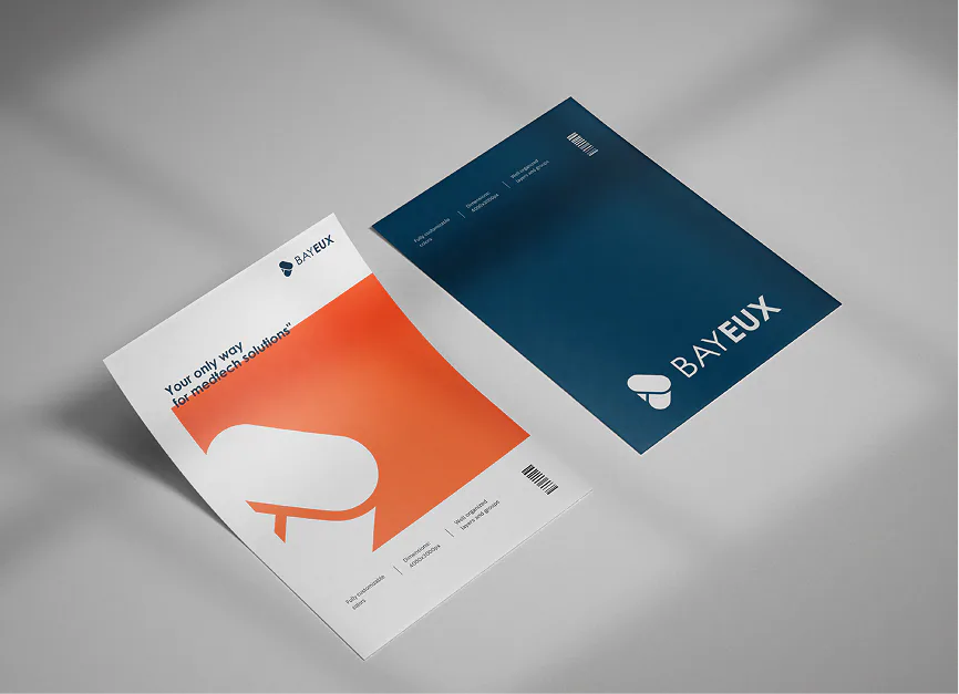 Two Bayeux flyers, one white with the orange mark and one navy with the wordmark, reading Your only way for medtech solutions
