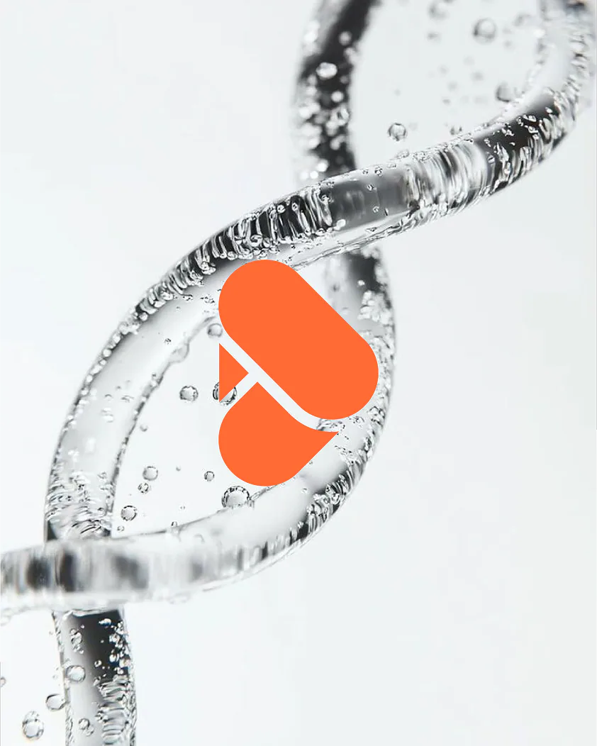 The orange Bayeux monogram over a clear DNA helix