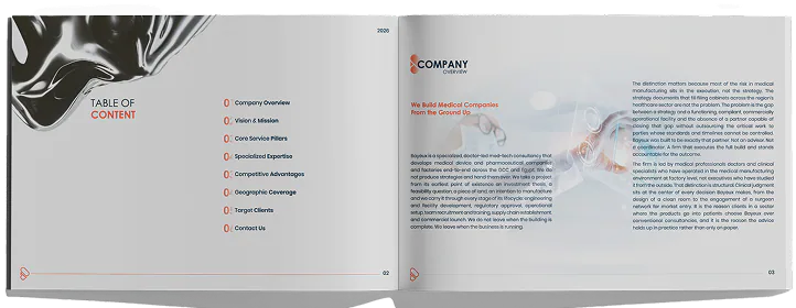 Bayeux profile spread: the table of contents facing the company overview