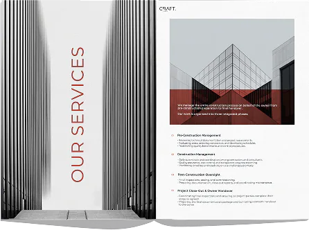 Profile spread: Our Services, listing the four construction management phases