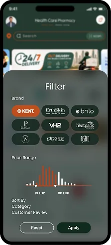App screen: filtering the catalogue by brand and price