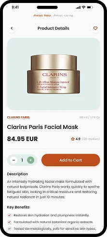 App screen: a product page, Clarins facial mask