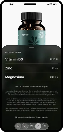 App screen: a supplement's ingredients (vitamin D3, zinc and magnesium)