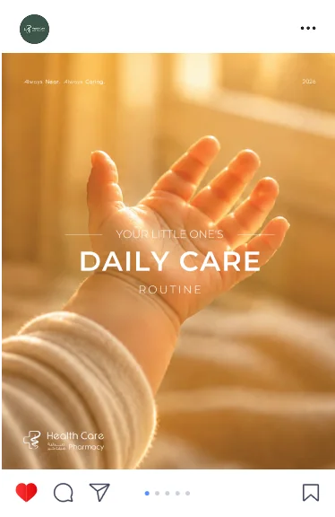 Health Care Pharmacy post: Daily Care, a baby's hand in warm light