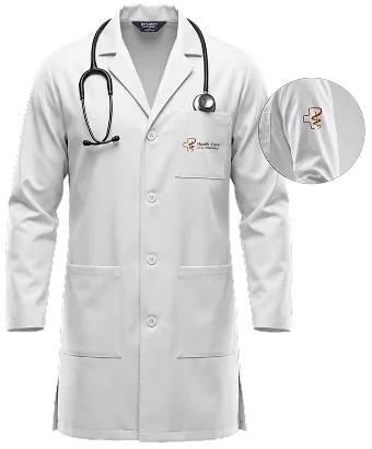 A white lab coat with the Health Care Pharmacy mark