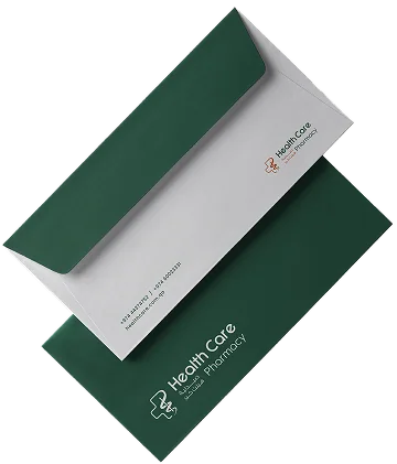 Green and white Health Care Pharmacy envelopes