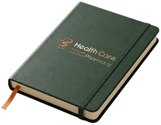 A green Health Care Pharmacy notebook with the mark in copper