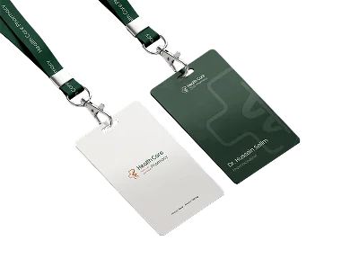 Health Care Pharmacy staff ID cards on green lanyards