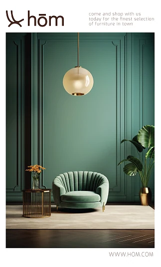 Brand card: a sage armchair beneath a pendant lamp on a green panelled wall