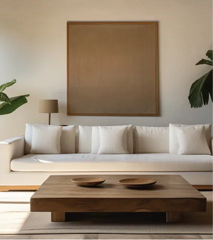 A cream sofa behind a low walnut coffee table