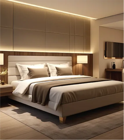 A warm-lit bedroom with an upholstered headboard