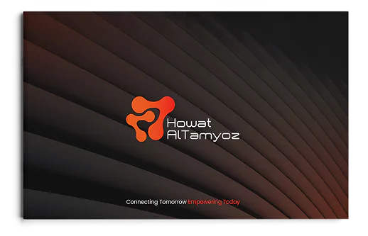 The Howat Al Tamyoz company profile cover: the mark over dark sweeping bands, Connecting Tomorrow Empowering Today