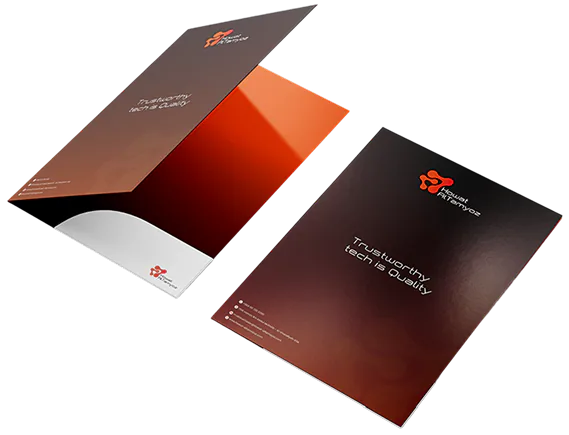 Two dark Howat Al Tamyoz folders, one open on an orange pocket, reading Trustworthy tech is Quality