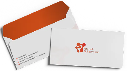 Two Howat Al Tamyoz envelopes, one open on its orange lining