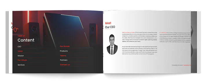 Profile spread: the Table of Contents facing Meet Our CEO