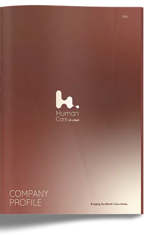 The company profile cover: Human Care, Company Profile, Bringing the World's Care Home, over a maroon gradient