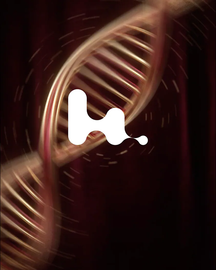 The Human Care mark over a DNA helix rendered in gold light on deep maroon