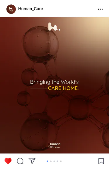 Human Care post: Bringing the World's Care Home over a maroon molecule