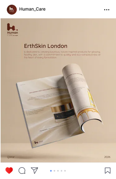 Human Care post: an open ErthSkin London brochure on a warm beige ground