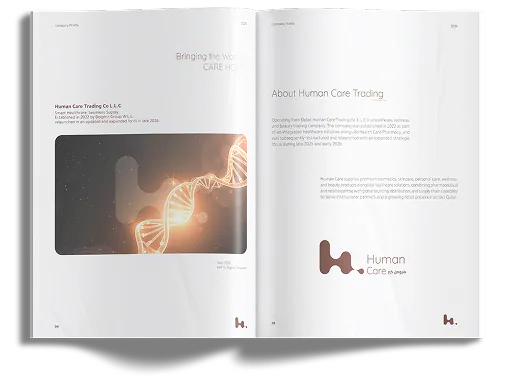 Profile spread: About Human Care Trading, facing a lit DNA visual