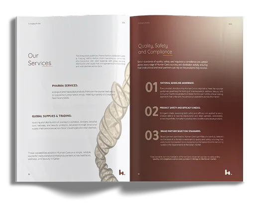 Profile spread: Our Services, facing Quality, Safety and Compliance