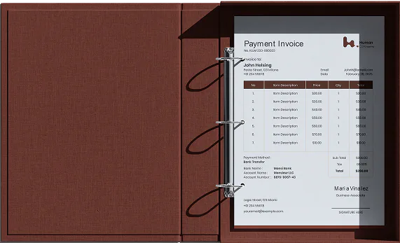 A Human Care ring binder holding a printed payment invoice