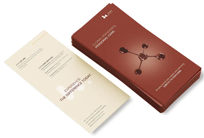 A Human Care tri-fold flyer: Global Standards, Personal Care, over the brand molecule