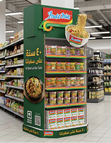 An Indomie 40th anniversary shelf display stocked with packs and cups in a supermarket