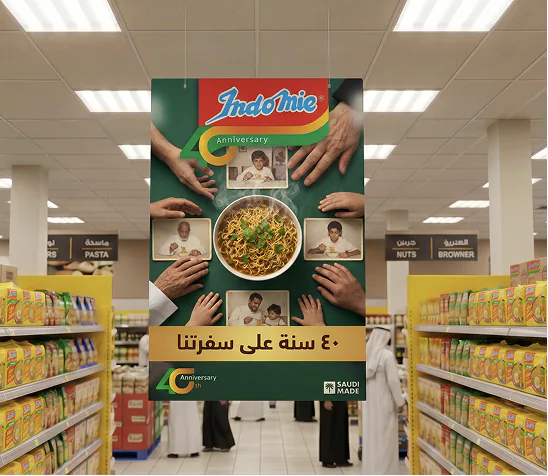 An Indomie anniversary banner hanging over a supermarket aisle, hands sharing a bowl of noodles