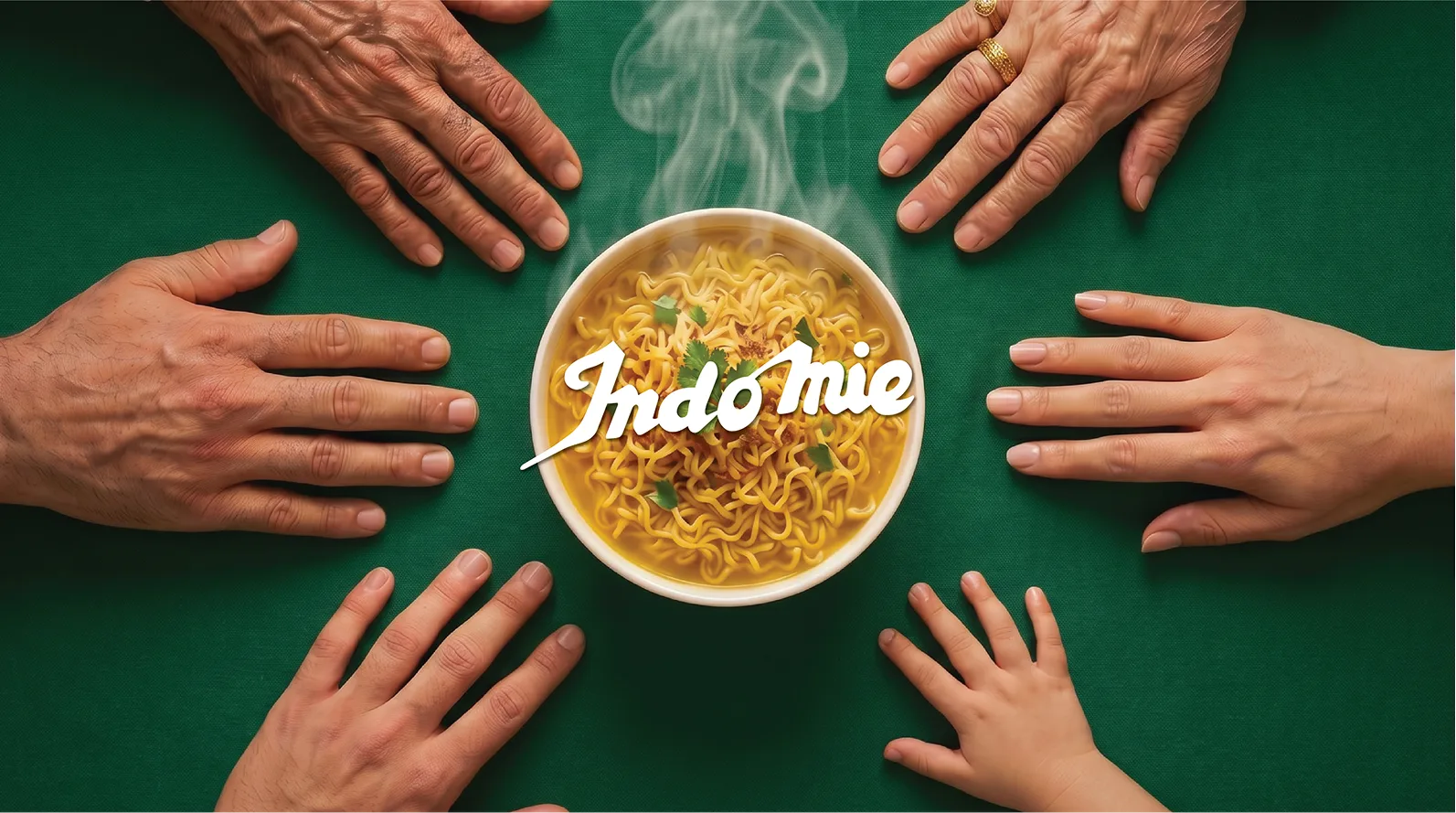 Indomie: hands from four generations around one bowl of noodles
