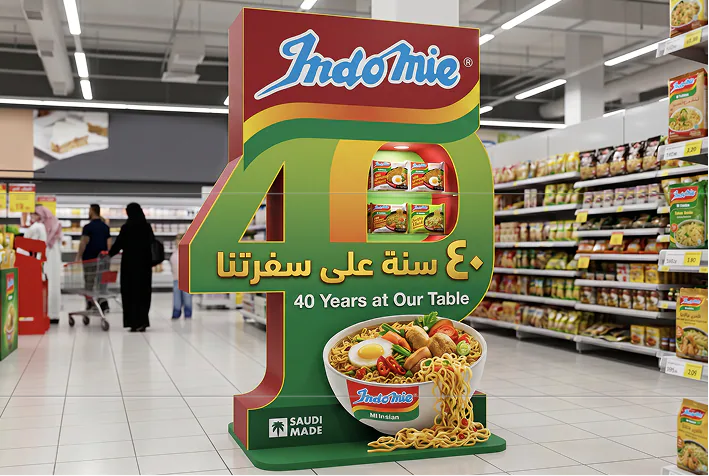 A freestanding Indomie 40 display in a supermarket: 40 Years at Our Table